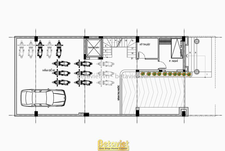 Bản vẽ mặt bằng tầng trệt của biệt thự, thể hiện bố cục không gian chức năng. Nổi bật là hầm để xe rộng rãi có thể chứa nh…