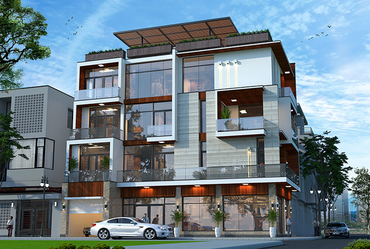 Shophouse hiện đại 4 tầng 2 mặt tiền tại Bình Dương KT21199 – phối cảnh mặt tiền