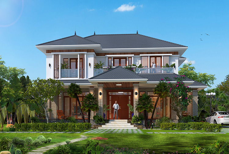 Biệt thự 2 tầng hiện đại tại Hà Nội KT18019 – phối cảnh mặt tiền từ sân vườn