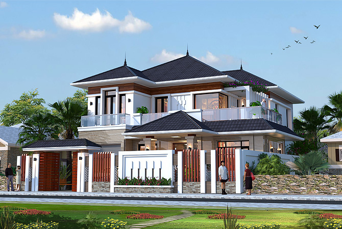 Biệt thự 2 tầng tân cổ điển KT19085 – phối cảnh mặt tiền