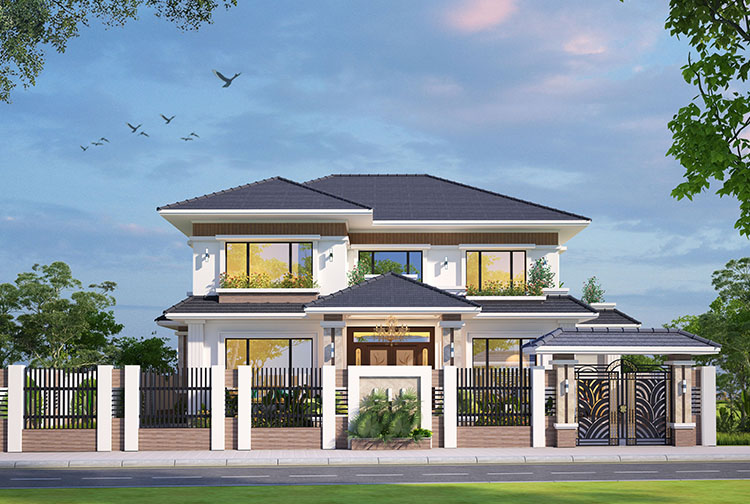 Biệt thự 2 tầng nhà vườn mái Thái tại Quảng Ninh KT21069 – phối cảnh mặt tiền từ xa