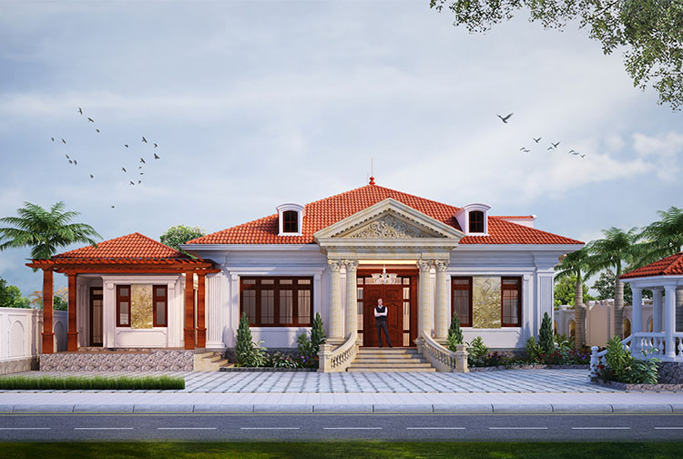 Biệt thự 1 tầng tân cổ điển mái Thái tại Thanh Hóa KT21011 – phối cảnh mặt tiền chính