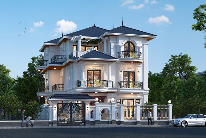Biệt thự 3 tầng tân cổ điển KT21111 – phối cảnh mặt tiền