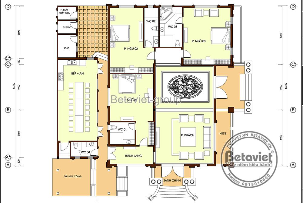 Biệt thự 1 tầng tân cổ điển mái Thái tại Thanh Hóa KT21011 – bản vẽ mặt bằng
