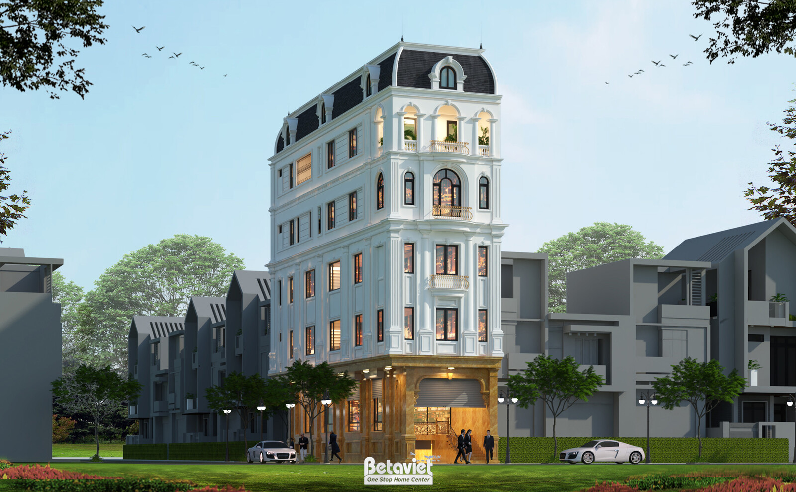 Phối cảnh ngoại thất biệt thự 6 tầng nhìn trực diện, nhấn mạnh sự cân đối và tỷ lệ vàng trong thiết kế. Tầng trệt với cửa…