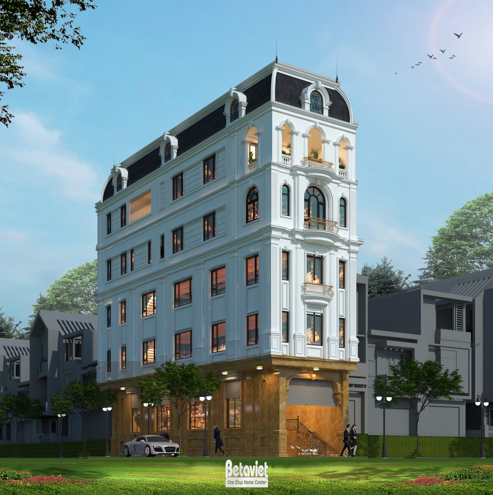 Phối cảnh ngoại thất biệt thự 6 tầng từ xa, thể hiện sự hài hòa của công trình với cảnh quan cây xanh và các tòa nhà lân c…