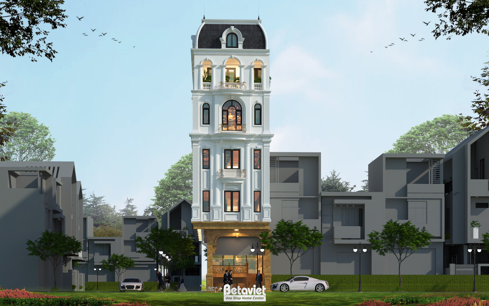 Phối cảnh ngoại thất biệt thự 6 tầng từ góc chếch, thể hiện rõ hệ cột trụ tân cổ điển chạy dọc mặt tiền, tạo nhịp điệu kiế…
