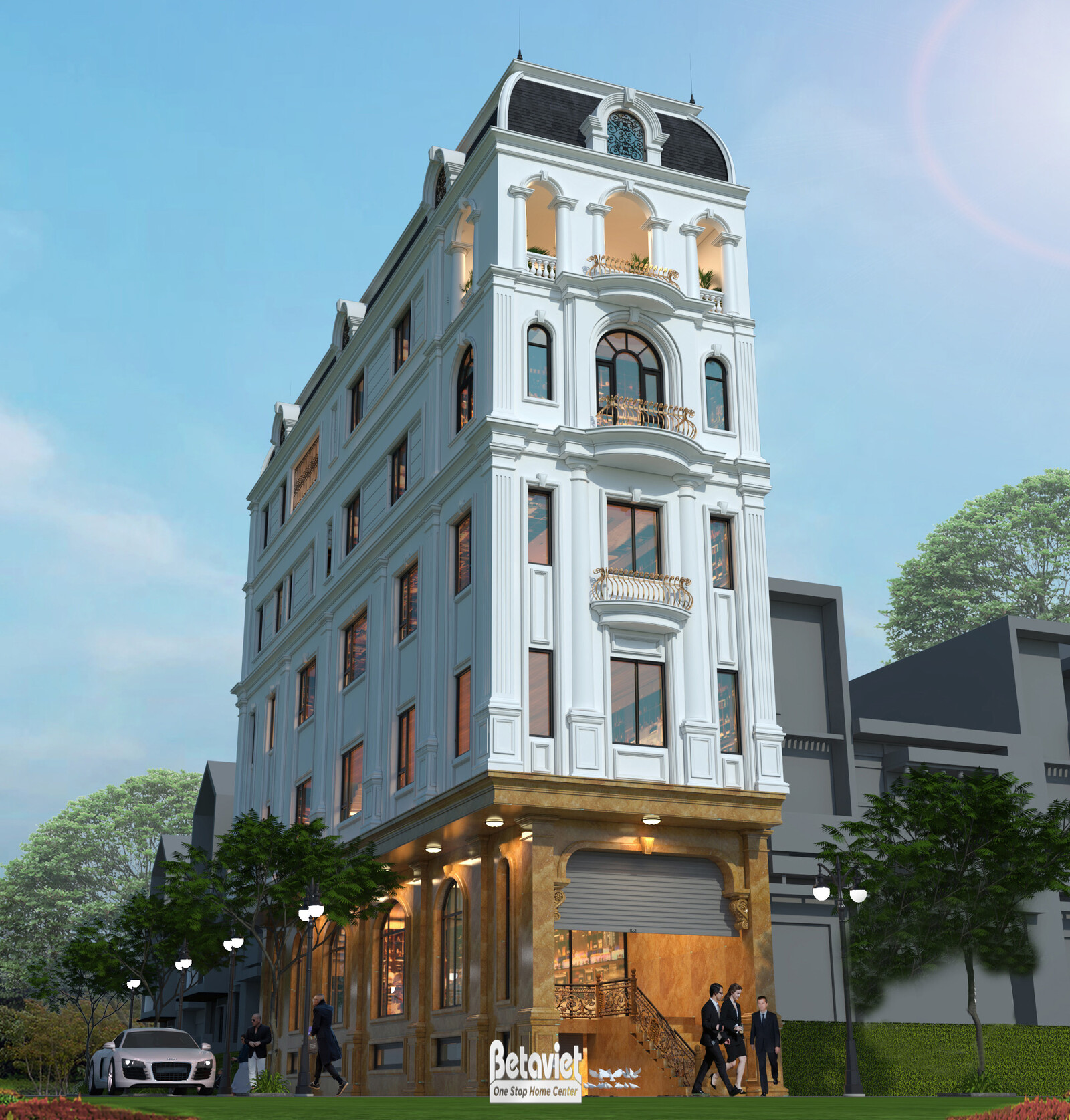 Góc nhìn từ trên cao xuống của biệt thự 6 tầng, cho thấy rõ cấu trúc mái Mansard đặc trưng màu đen, tạo điểm nhấn độc đáo…