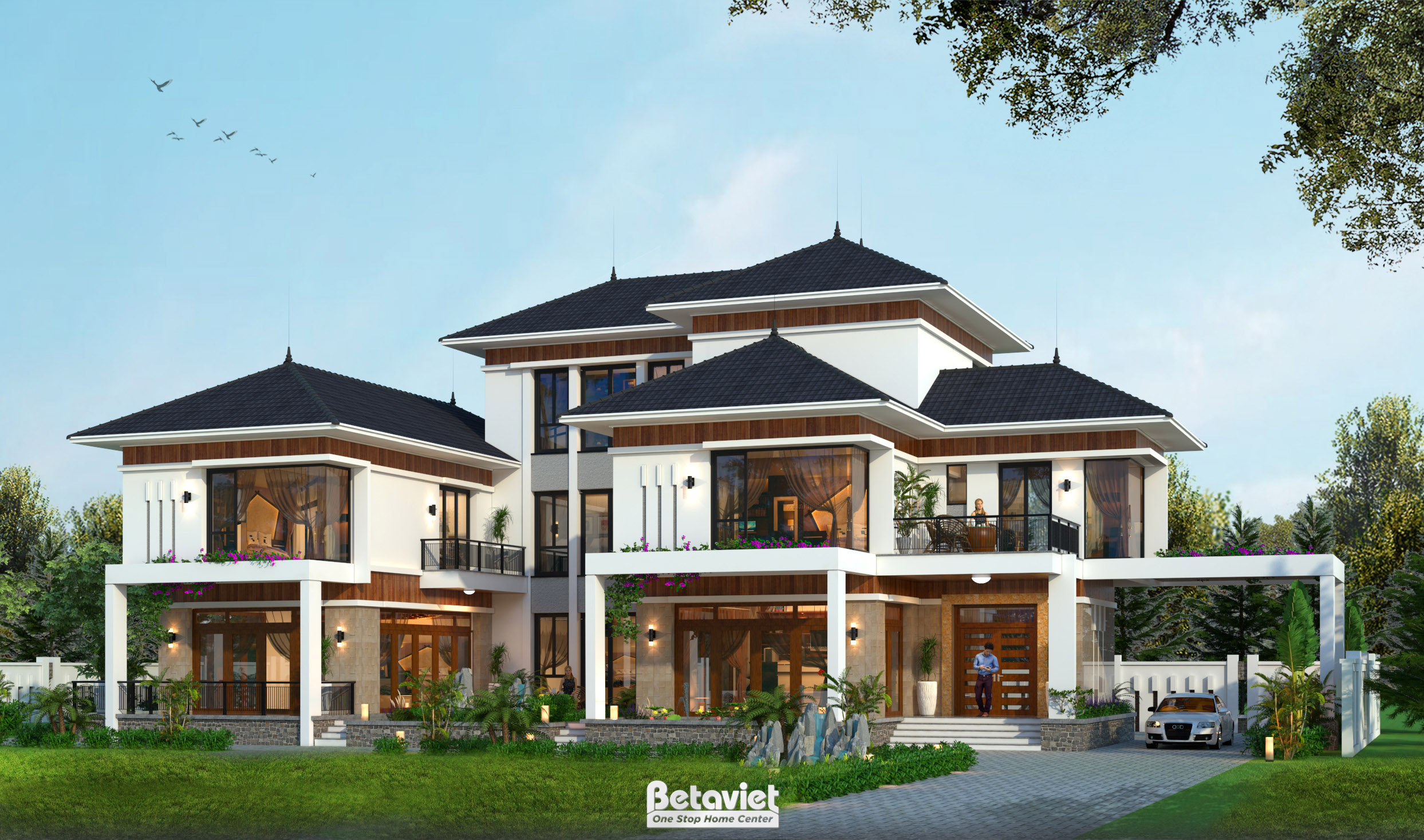 Mẫu thiết kế dinh thự nhà vườn với 3 tầng phong cách hiện đại tại Thái Nguyên KT17045