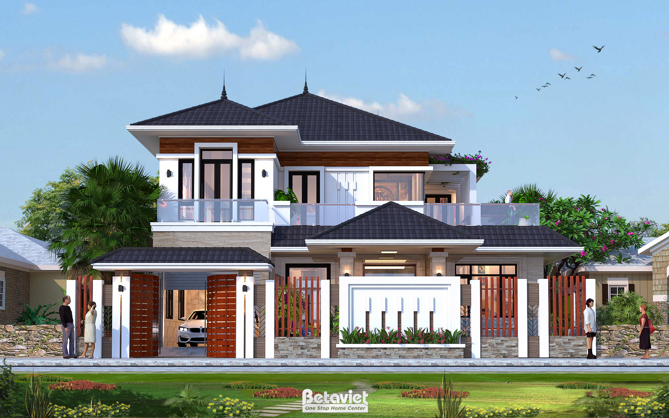 biệt thự tân cổ điển 2 tầng mái nhật hiện đại tại Phú Thọ với lan can kính tinh tế