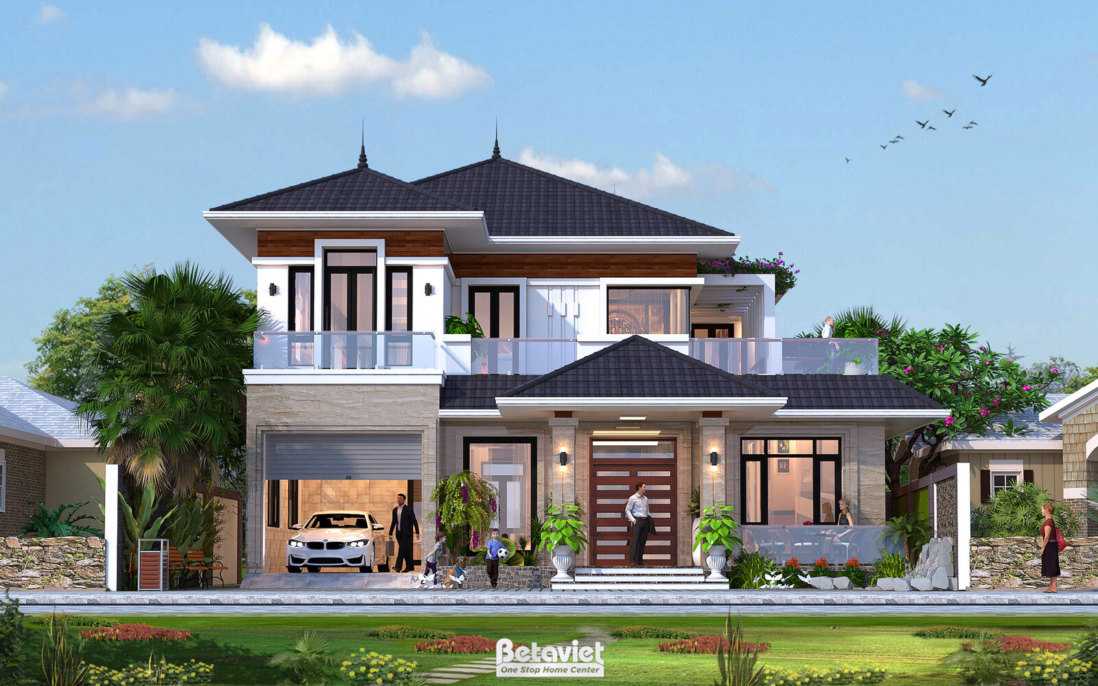 Biệt thự 2 tầng tân cổ điển KT19085 – phối cảnh mặt tiền