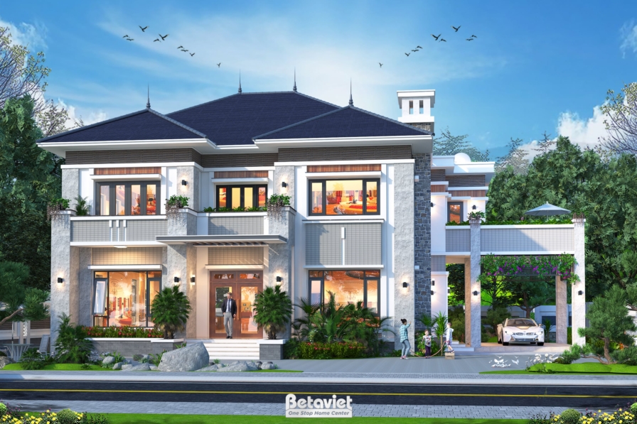 Biệt thự hiện đại có gara minh họa phương án xây trên lô đất nền tỉnh ở Bình Lục New City