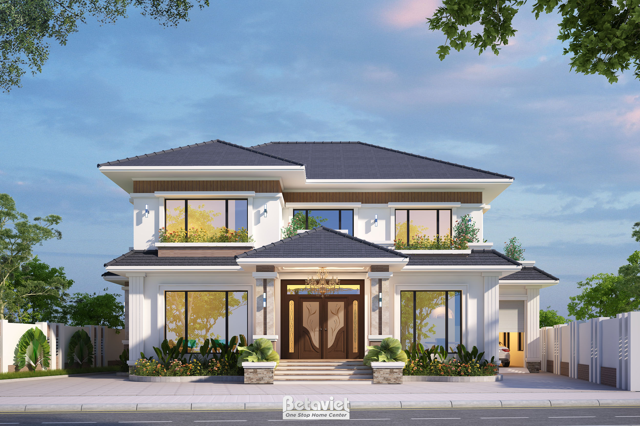 Thiết kế biệt thự kiểu Nhật nhà vườn 2 tầng mái Thái tại Quảng Ninh KT21069