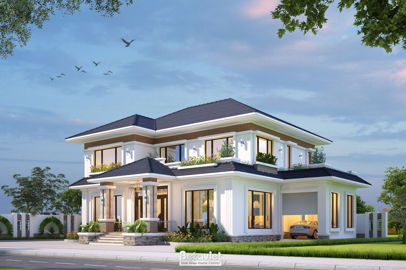 Phối cảnh góc biệt thự 2 tầng mái Thái hiện đại KT21069 tại Quảng Ninh, có gara bên phải