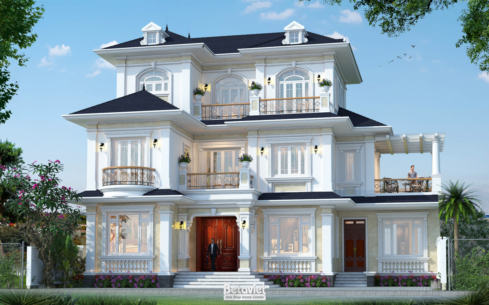 Biệt thự 3 tầng tân cổ điển KT21023 – phối cảnh mặt tiền