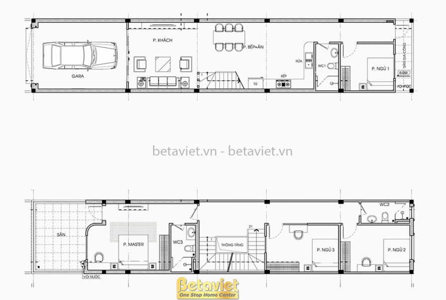 Bản vẽ mặt bằng công năng tầng 1 và tầng 2, bố trí gara, phòng khách, bếp ăn, phòng ngủ 1 ở tầng trệt; phòng master, phòng…