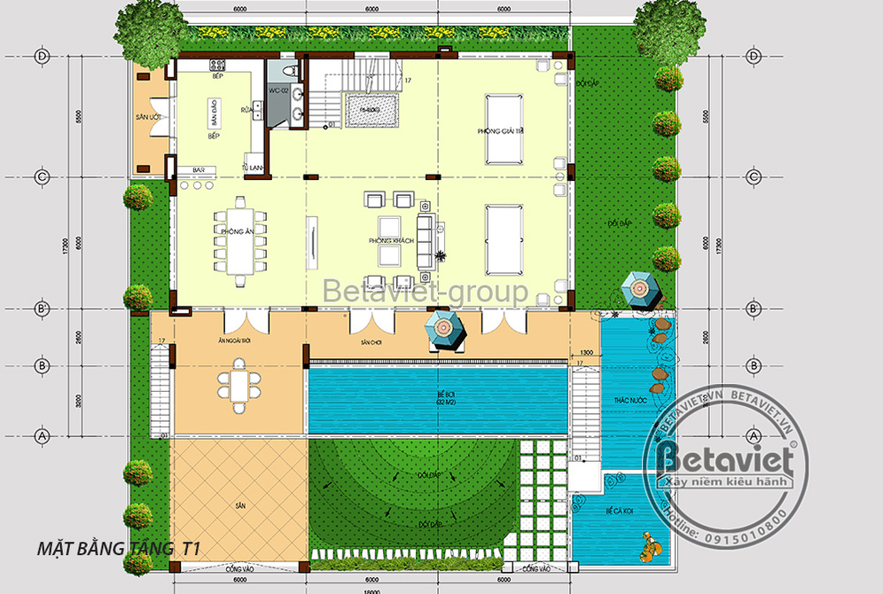 Villa sân vườn 3 tầng có hồ bơi tại Bắc Ninh KT20115 – bản vẽ mặt bằng tầng 1