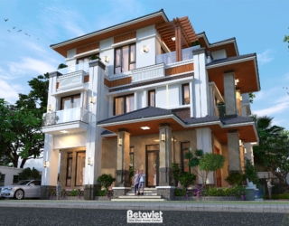 Cận cảnh góc bên hông nhà, nổi bật giàn pergola gỗ phía trên tầng mái, cột vuông ốp đá ghi xám đỡ ban công, cửa kính khung…