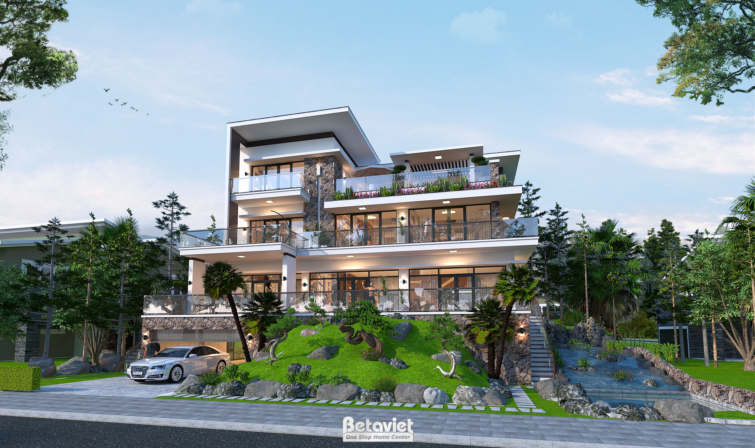 Dinh thự có tầng hầm với sân vườn hiện đại 3 tầng 1000m2 tại Bắc Ninh KT20115