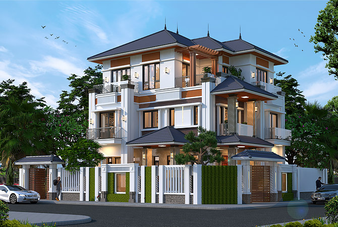 Biệt thự 3 tầng mái Nhật hiện đại tại Hà Nội KT22156 – phối cảnh mặt tiền ban ngày