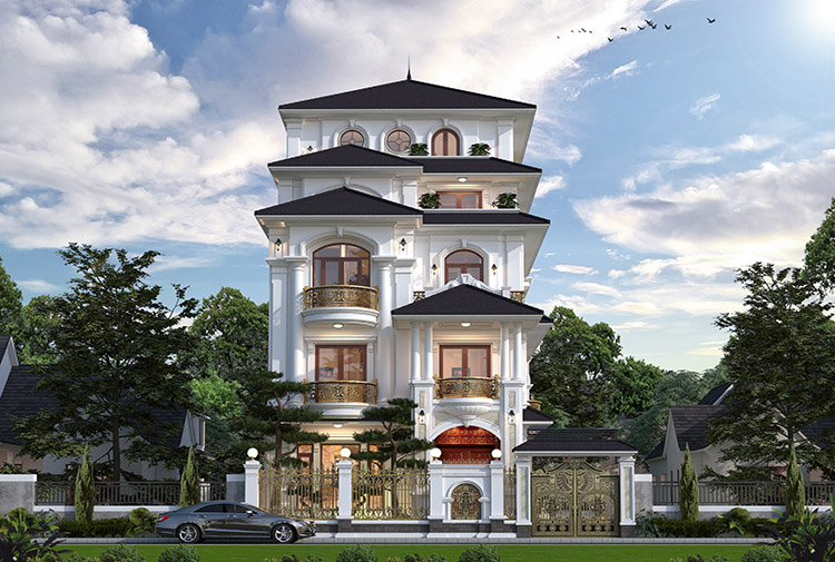 Kiến trúc biệt thự 5 tầng phong cách tân cổ điển tại Bắc Ninh KT23137 - mặt tiền đối xứng, hệ mái Nhật xếp tầng