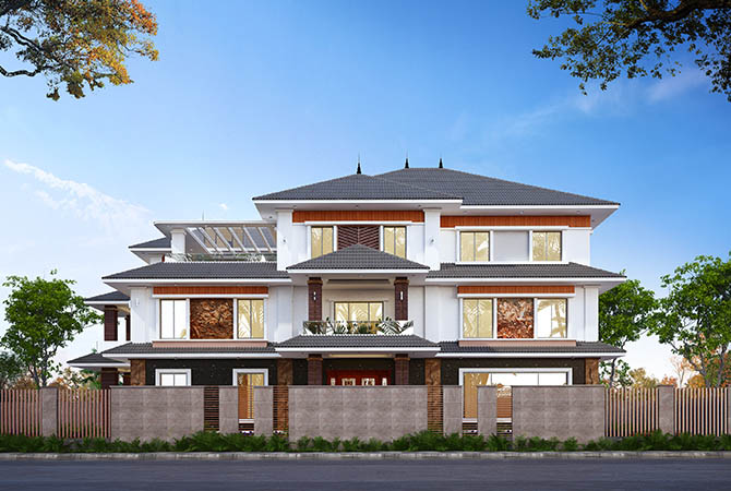 Biệt thự 3 tầng hiện đại mái Nhật tại Đồng Nai KT22193 – phối cảnh mặt tiền chính