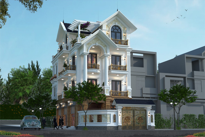 Shophouse kiểu Pháp 4 tầng kết hợp kinh doanh tại Thái Bình KT20101 – phối cảnh mặt tiền