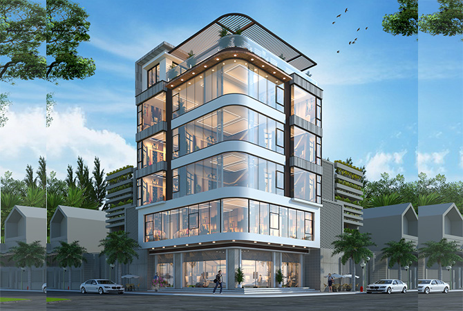 Shophouse hiện đại 5 tầng 2 mặt tiền tại Hòa Bình KT21148 – phối cảnh mặt tiền