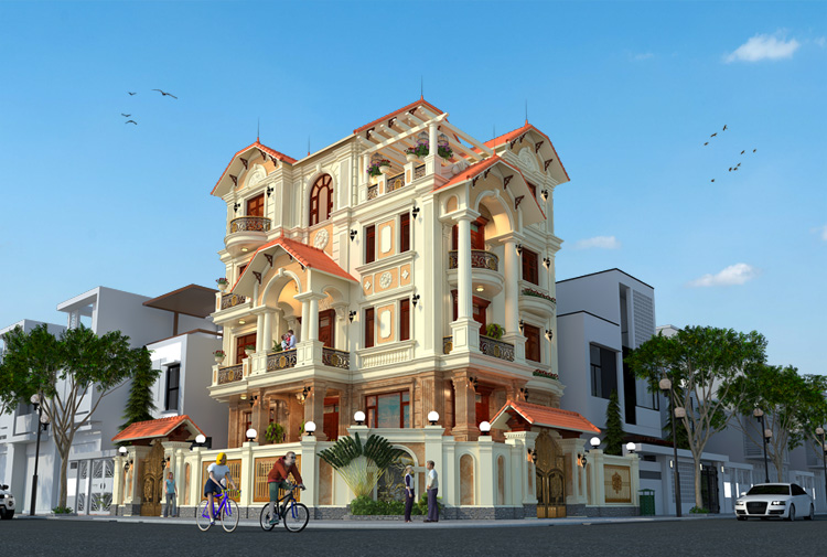 Biệt thự kiểu Pháp 5 tầng mái Mansard tại Đà Nẵng KT17099A – phối cảnh mặt tiền ban ngày