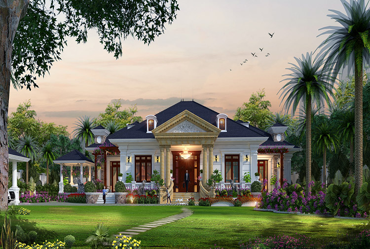 Biệt thự sân vườn tân cổ điển 1 tầng 360m² tại Cần Thơ KT18092 – phối cảnh mặt tiền hoàng hôn
