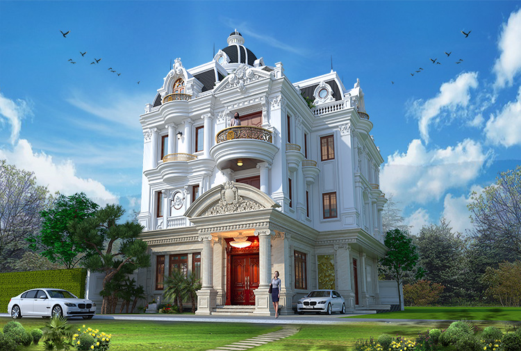 Lâu đài cổ điển tại Hải Phòng KT20155 – phối cảnh góc chéo từ sân trước