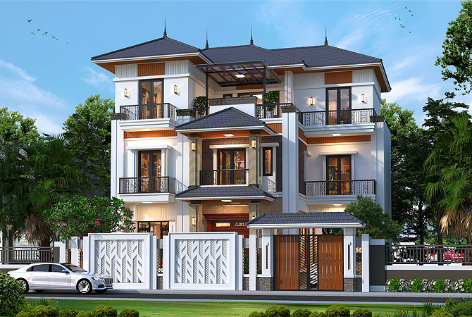 Biệt thự 3 tầng mái Nhật hiện đại tại Thái Bình KT22182 – phối cảnh mặt tiền chiều tối