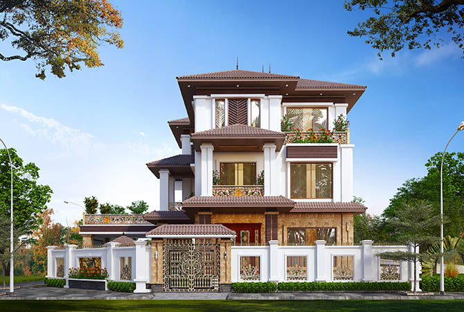 Mẫu thiết kế biệt thự góc hiện đại 3 tầng mái Nhật tại Kon Tum KT22153