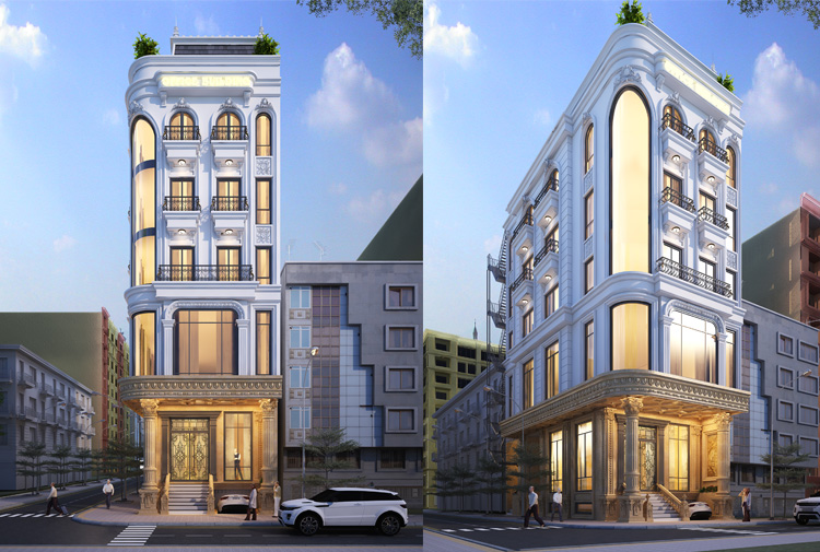 Shophouse tân cổ điển 5 tầng vừa ở vừa kinh doanh tại Hà Nội KT21033 – phối cảnh mặt tiền