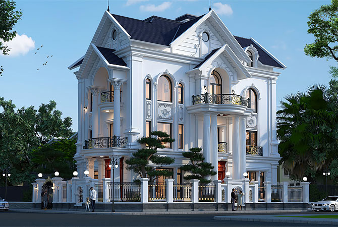 Biệt thự kiểu Pháp 4 tầng 5 phòng ngủ KT20162 tại Thanh Hóa – phối cảnh mặt tiền chính