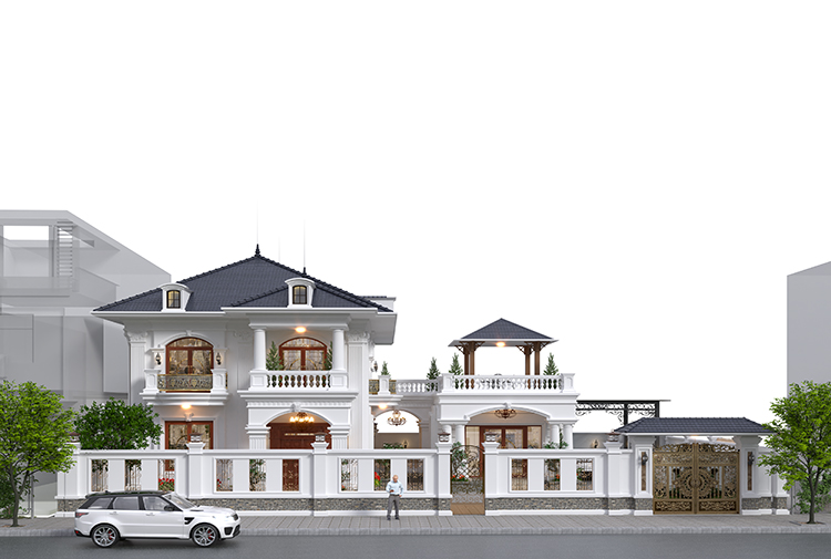 Phối cảnh biệt thự tân cổ điển 2 tầng 4 phòng ngủ KT22128 tại Quảng Ninh, mái ngói xám, sân thượng có đình, cổng sắt