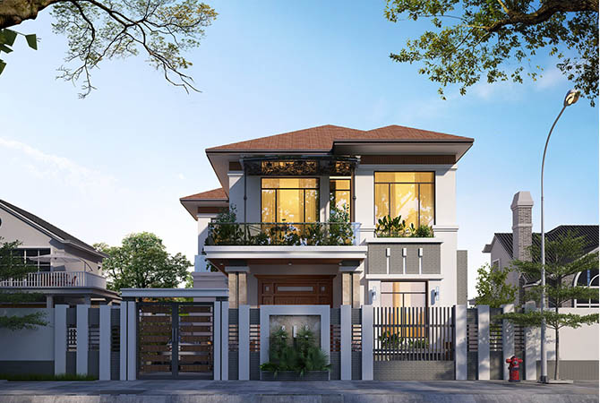 Biệt thự 2 tầng hiện đại mái Thái tại Phú Thọ KT22032 – phối cảnh mặt tiền trực diện
