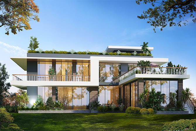 Villa Hiện đại Luxury 2 tầng mái sân thượng phủ cây xanh tại Sóc Sơn Hà Nội KT22150 – phối cảnh mặt tiền