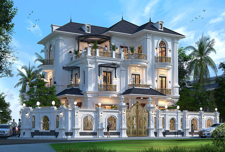 Biệt thự 3 tầng tân cổ điển mái Thái tại Hưng Yên KT21166 – toàn cảnh mặt tiền