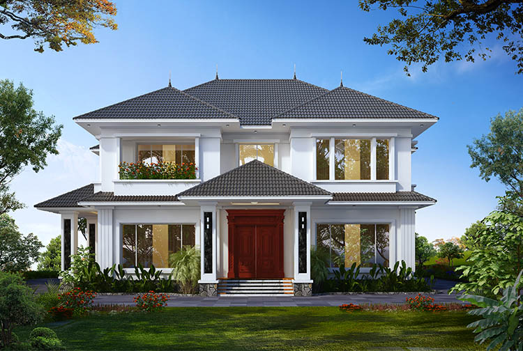 Biệt thự nhà vườn hiện đại 2 tầng tại Bình Dương KT22085 – phối cảnh mặt tiền góc 3/4