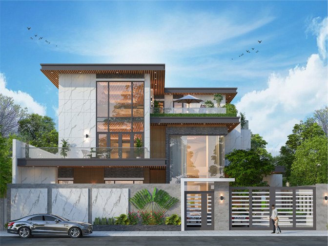 Phối cảnh biệt thự hiện đại luxury 3 tầng KT23362 tại Ninh Bình, ốp đá vân trắng và lam gỗ