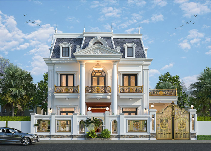 Phối cảnh KT23109 tại Hòa Bình: mái Mansard xám xanh, hệ cột tròn thức cổ điển, ban công sắt nghệ thuật