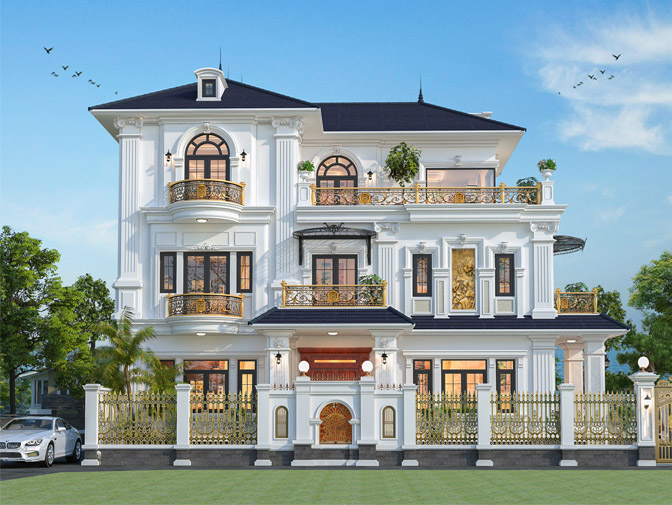 Biệt thự 3 tầng mái Nhật tân cổ điển tại TP Hồ Chí Minh KT23123 – phối cảnh mặt tiền ban ngày
