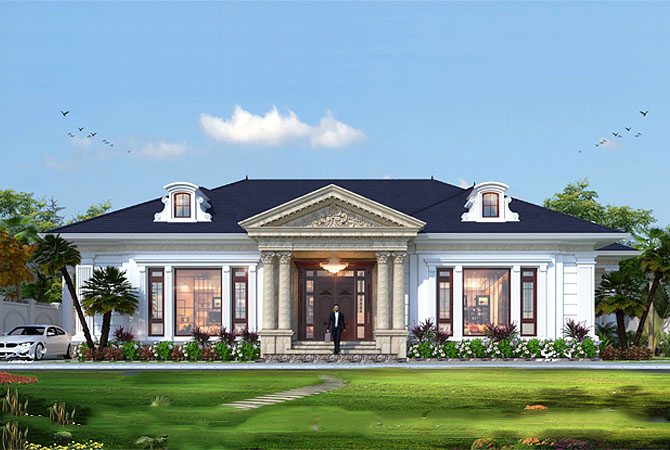 Biệt thự tân cổ điển 1 tầng 272m² tại Hưng Yên KT20013 – phối cảnh mặt tiền chính
