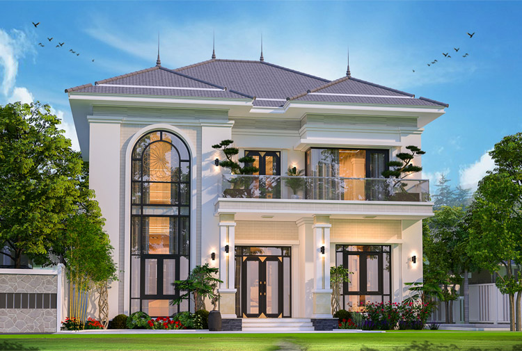 Biệt thự 2 tầng hiện đại mái Nhật tại Hà Nội KT23068 – phối cảnh mặt tiền chính