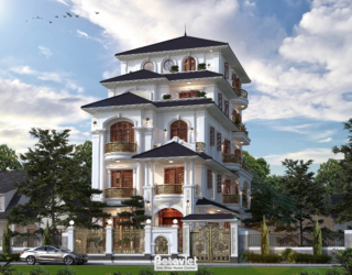 Cận cảnh mặt tiền từ góc chéo, làm rõ chi tiết cột tròn thức cổ điển, cửa sổ vòm cung, ban công lan can sắt uốn sơn nhũ và…