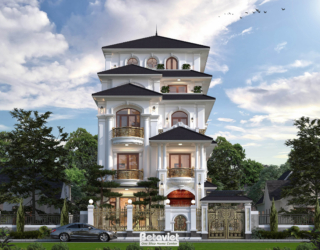 Góc nhìn chính diện biệt thự, cổng sắt hai cánh dát vàng đang mở, sân trước lát gạch có xe ô tô đỗ. Mặt đứng đối xứng, tườ…