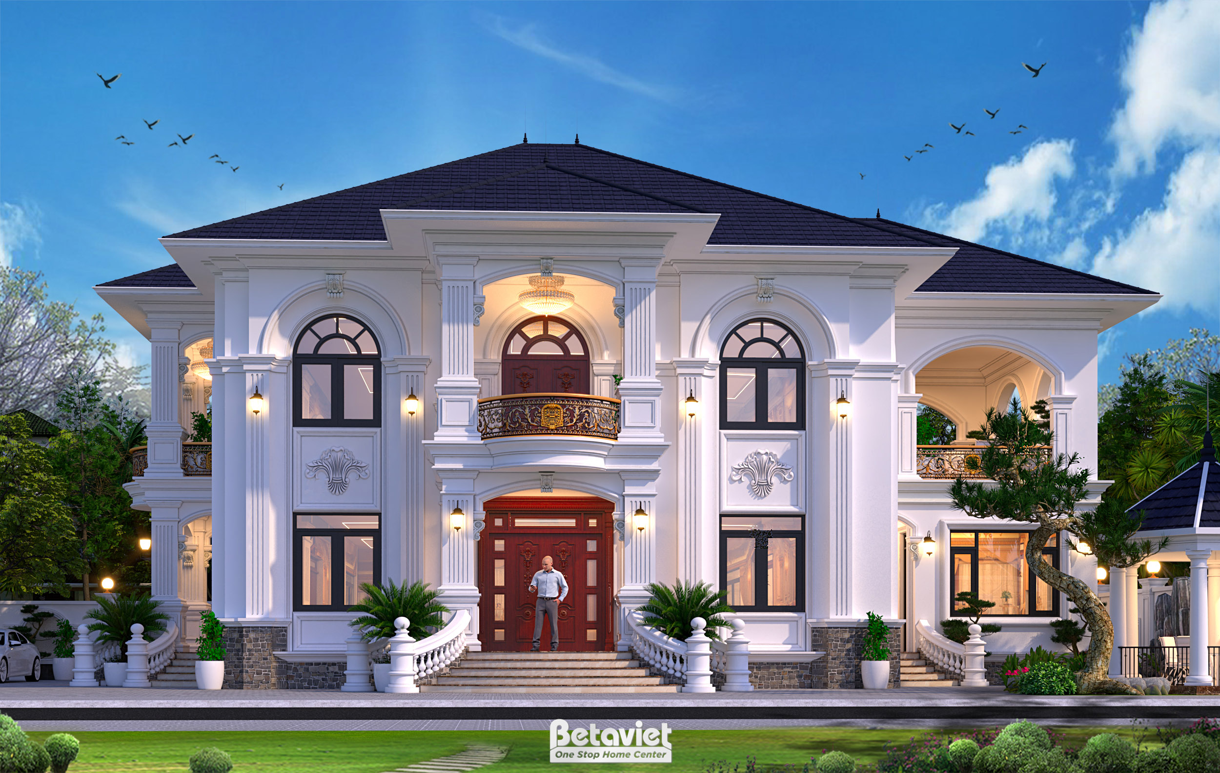 Kiến trúc biệt thự tân cổ điển 2 mặt tiền 2 tầng mái Nhật KT22127