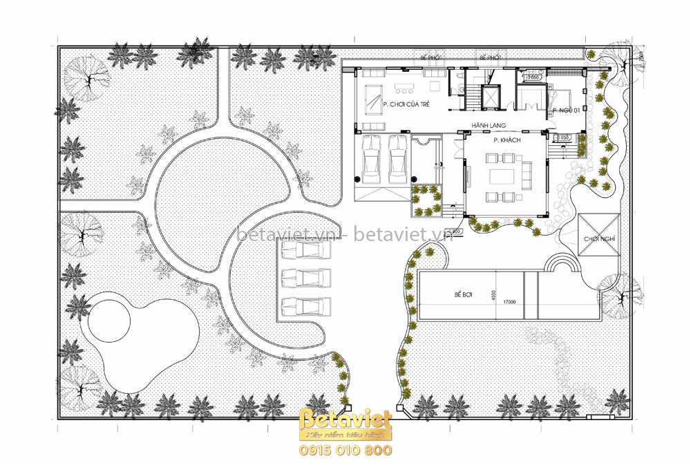 Dinh thự hiện đại 4 tầng có bể bơi tại Hà Nội KT22010 – bản vẽ mặt bằng tổng thể