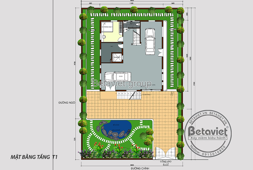 Biệt thự 4 tầng hiện đại mái Thái tại Hà Nam KT20075 – bản vẽ mặt bằng tầng 1